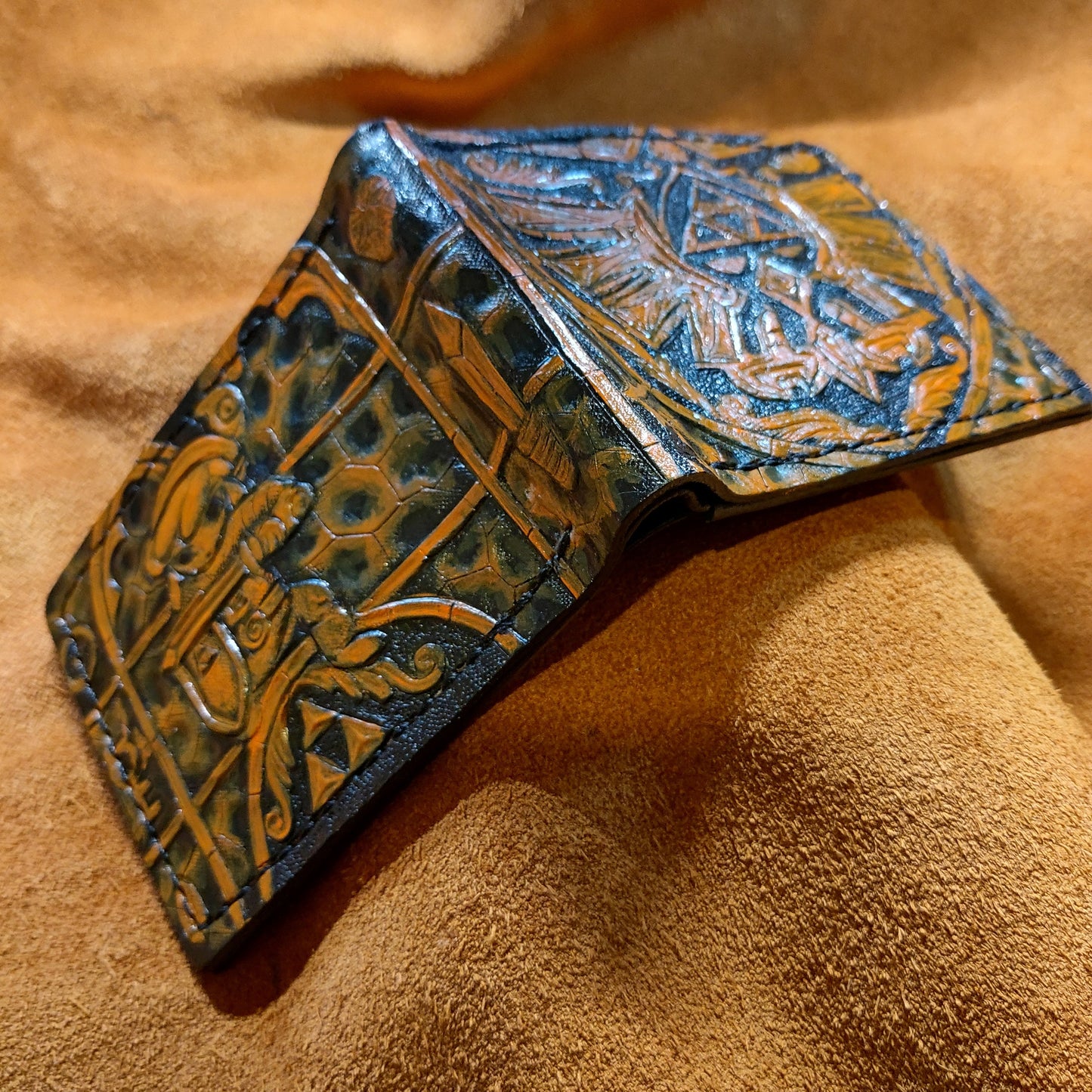 Wind Waker stained glass Hyrule Crest leather wallet- Burnt orange colour - Leather Bifold Wallet - Handcrafted Legend of Zelda Wallet -