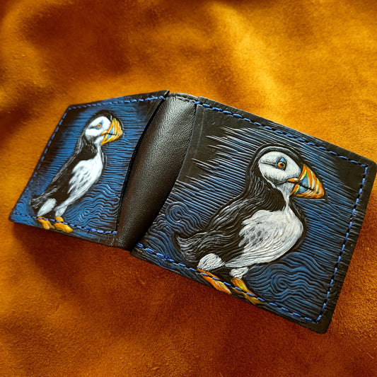 Puffin leather wallet- Leather Bifold Wallet - Handcrafted -