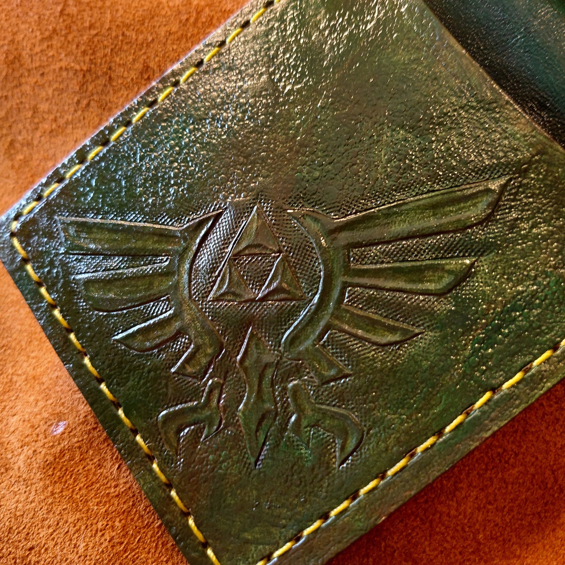 Double Hyrule Crest kokiri green and chrome version - Dark Brown version - Leather Bifold Wallet - Handcrafted Legend of Zelda Wallet