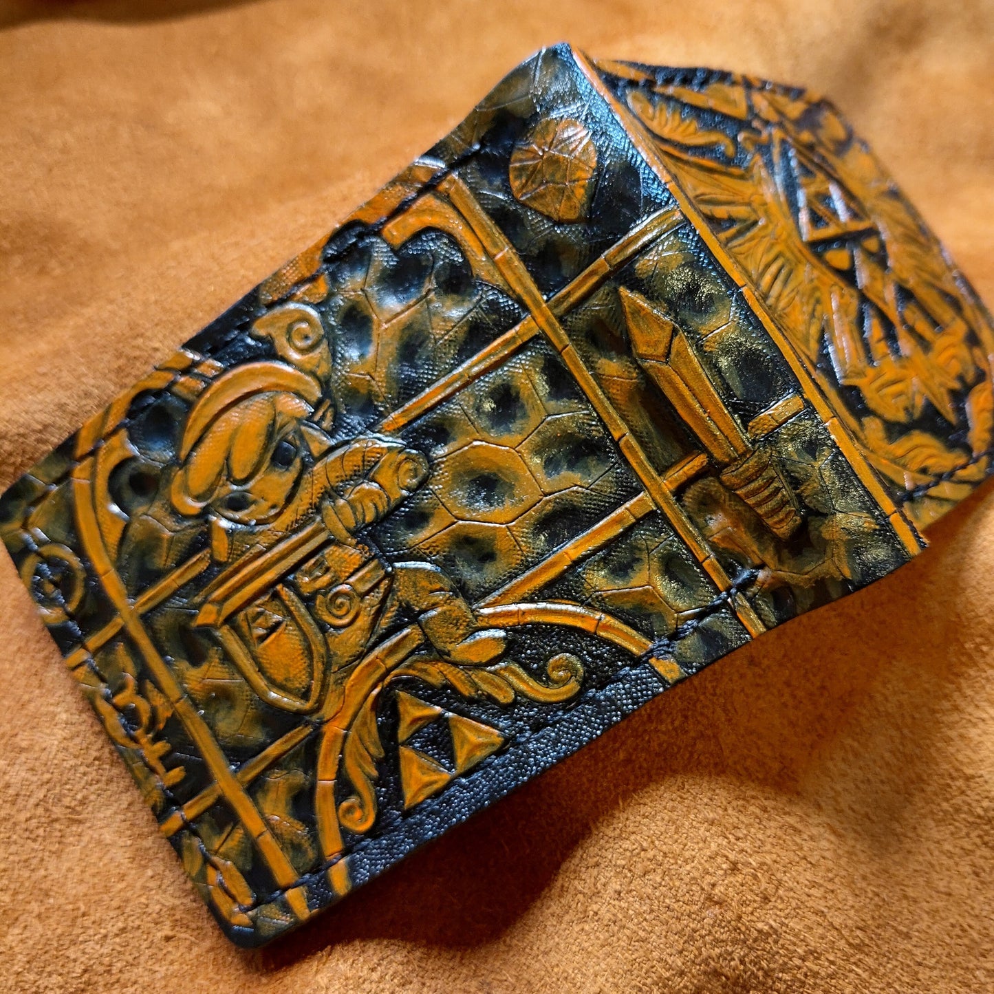 Wind Waker stained glass Hyrule Crest leather wallet- Burnt orange colour - Leather Bifold Wallet - Handcrafted Legend of Zelda Wallet -