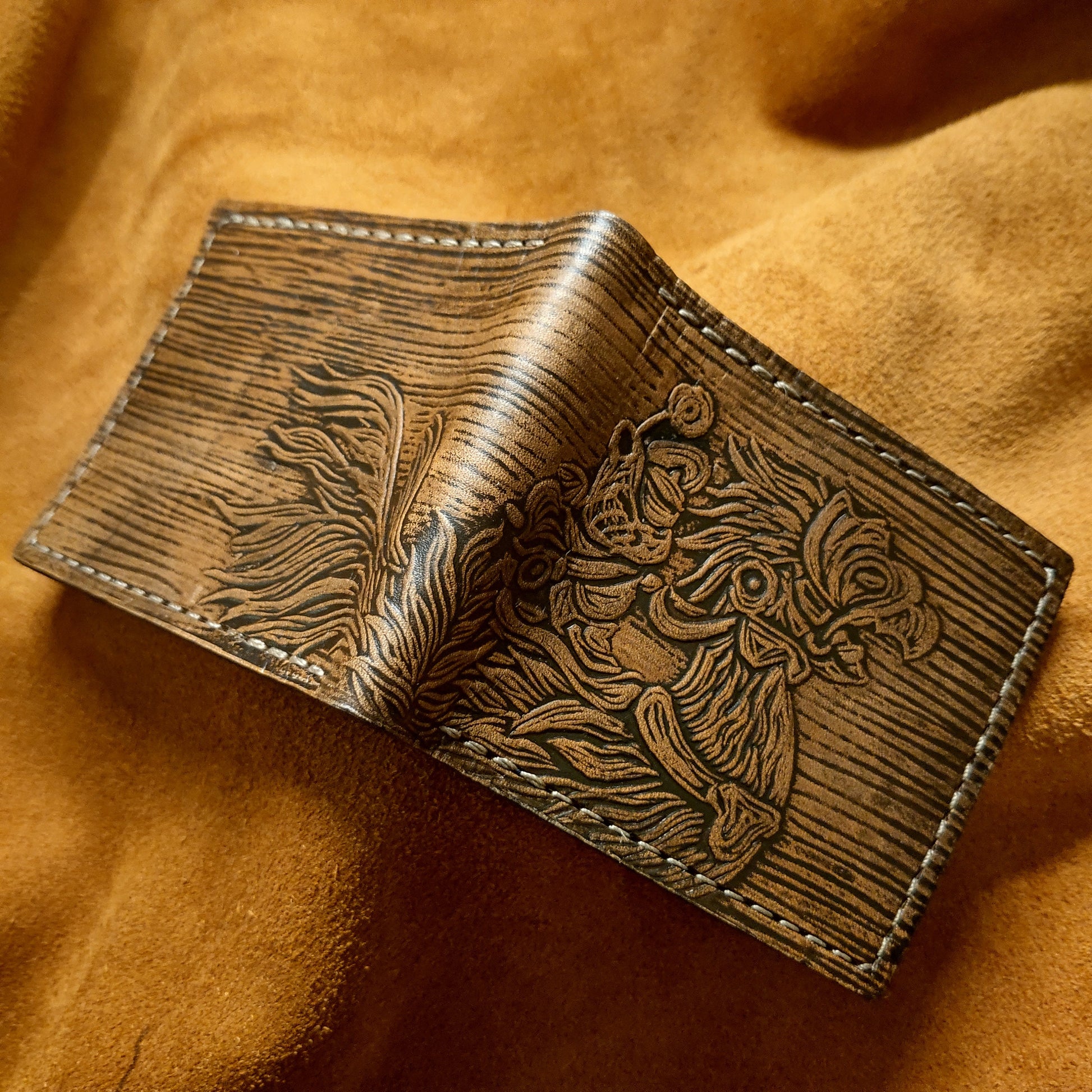 Textured - Chocobo and Rider - dark brown Leather Bifold Wallet - Handcrafted Final Fantasy 14 inspired Wallet -