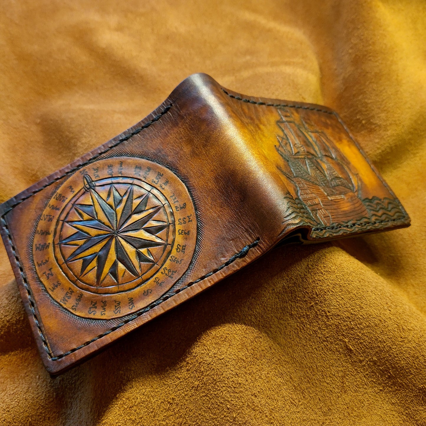 Wanderlust - Galleon - Sea fairer - Compass - TravelLeather Bifold Wallet - Handcrafted Skull Wallet -