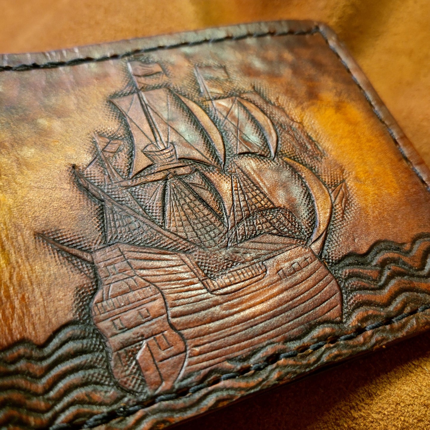 Wanderlust - Galleon - Sea fairer - Compass - TravelLeather Bifold Wallet - Handcrafted Skull Wallet -