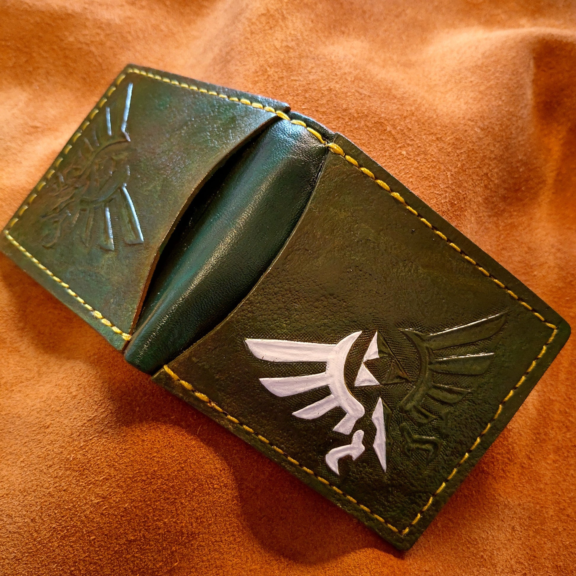 Double Hyrule Crest kokiri green and chrome version - Dark Brown version - Leather Bifold Wallet - Handcrafted Legend of Zelda Wallet