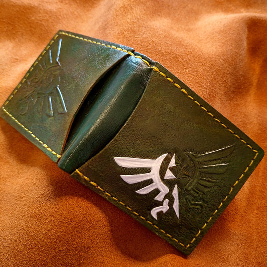 Double Hyrule Crest kokiri green and chrome version - Dark Brown version - Leather Bifold Wallet - Handcrafted Legend of Zelda Wallet