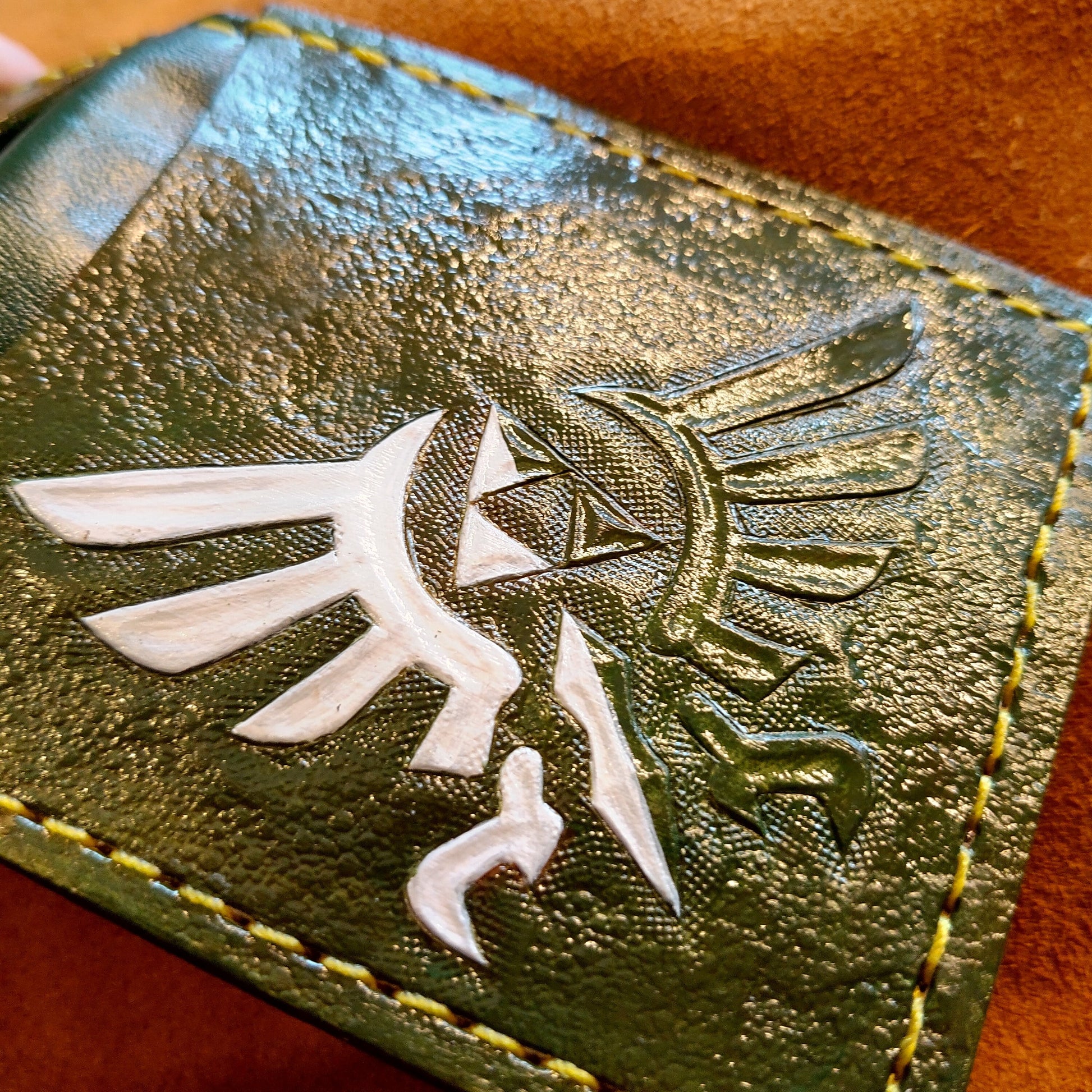Double Hyrule Crest kokiri green and chrome version - Dark Brown version - Leather Bifold Wallet - Handcrafted Legend of Zelda Wallet