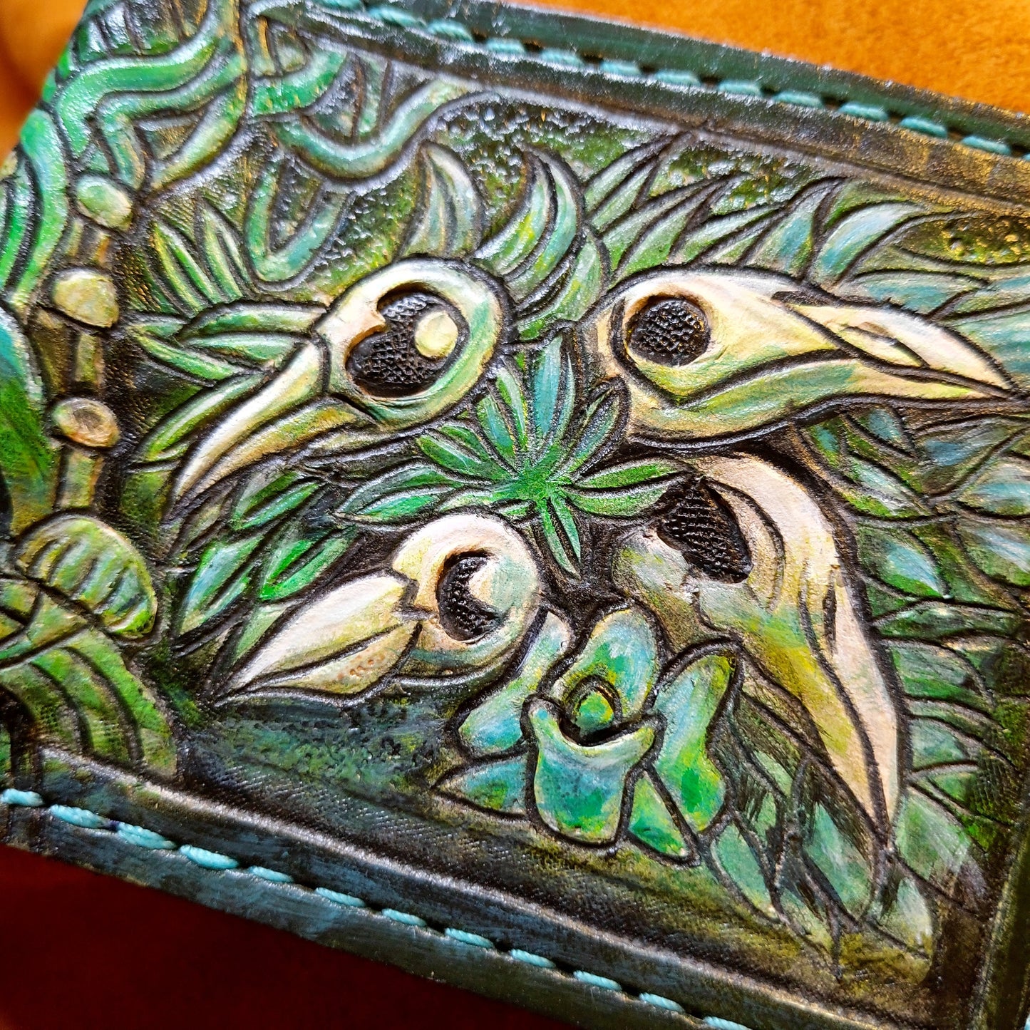 Green Crow Skull - Leather Bifold Wallet - Handcrafted Skull Wallet -