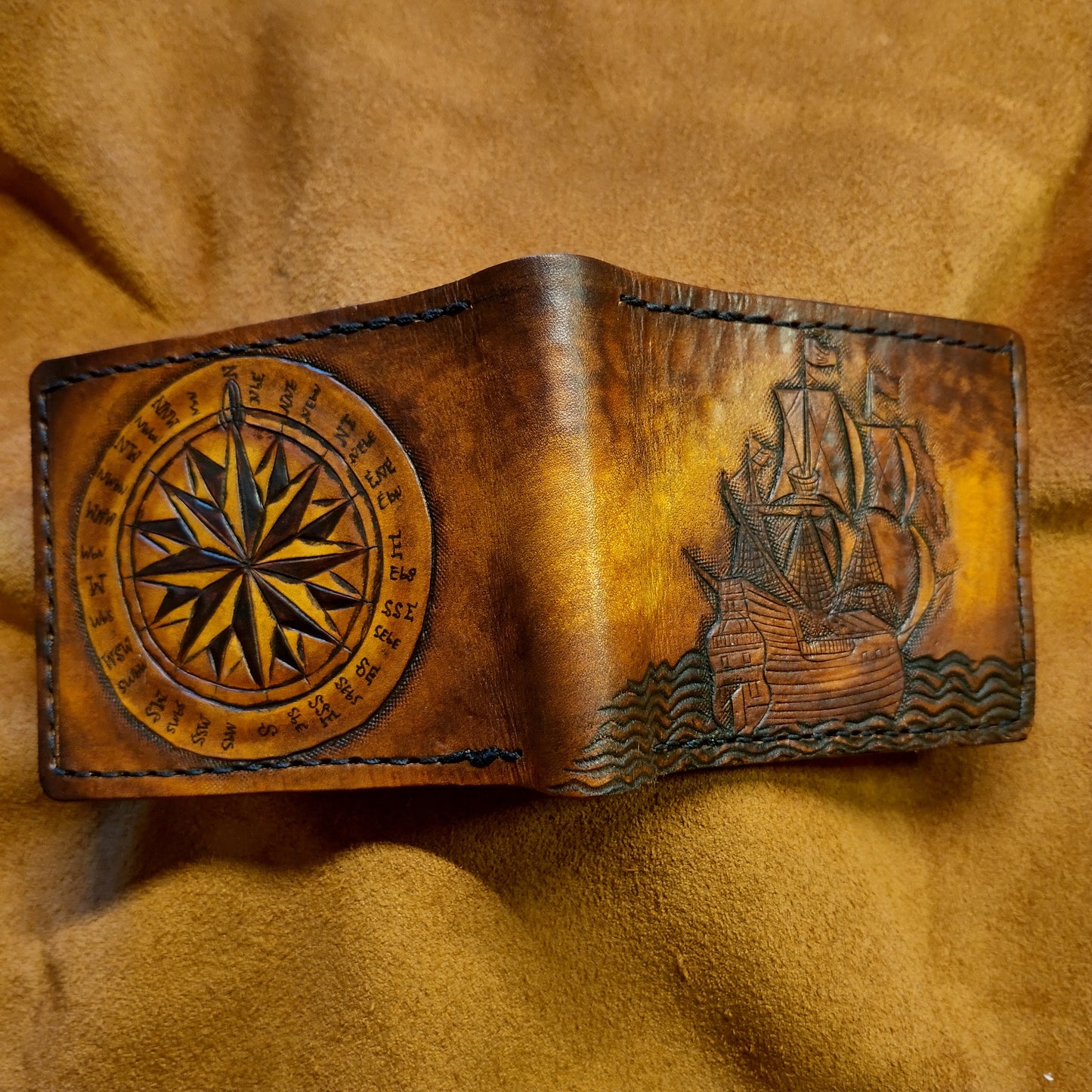 Wanderlust - Galleon - Sea fairer - Compass - TravelLeather Bifold Wallet - Handcrafted Skull Wallet -