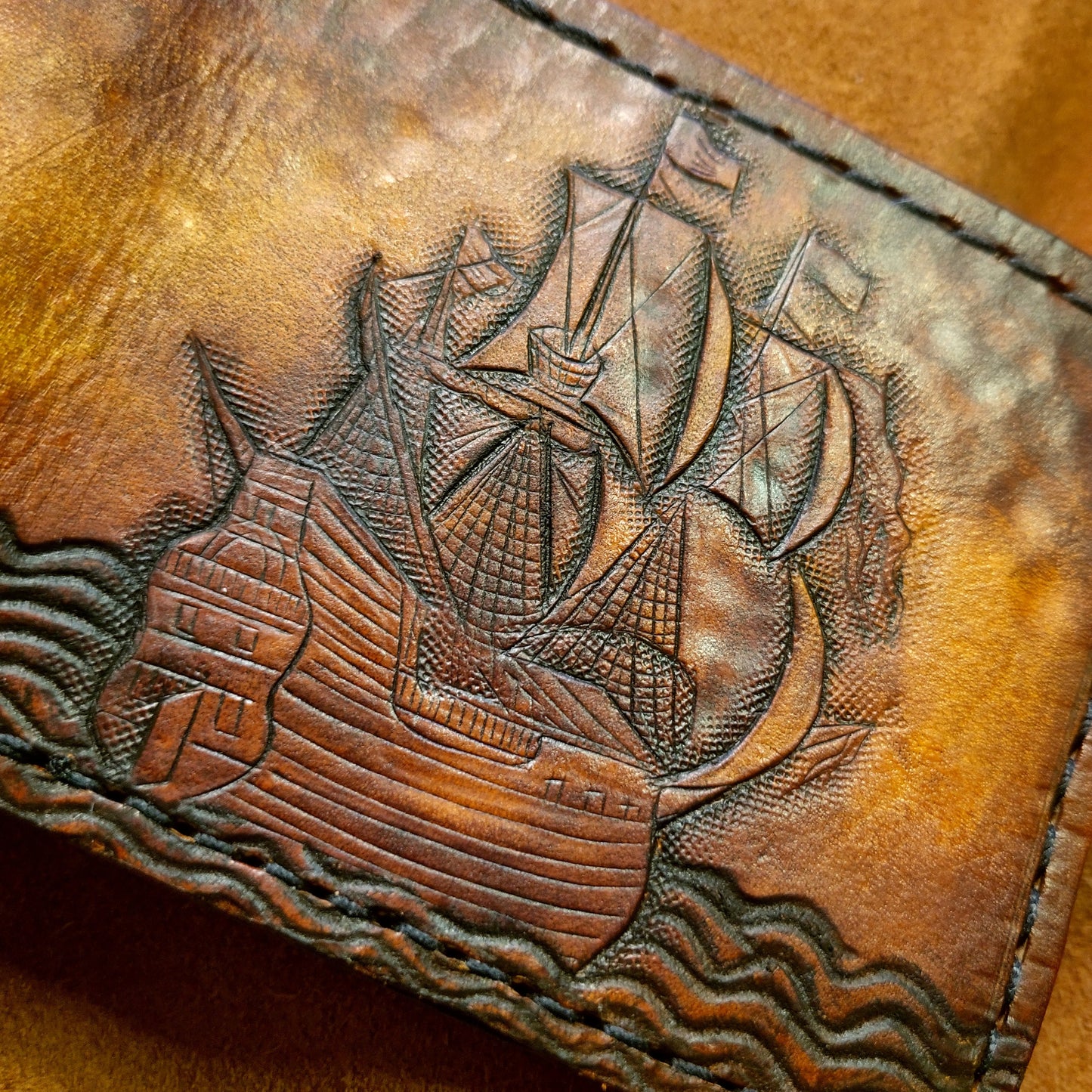 Wanderlust - Galleon - Sea fairer - Compass - TravelLeather Bifold Wallet - Handcrafted Skull Wallet -