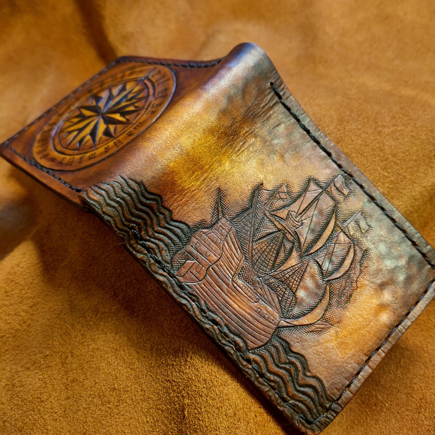 Wanderlust - Galleon - Sea fairer - Compass - TravelLeather Bifold Wallet - Handcrafted Skull Wallet -
