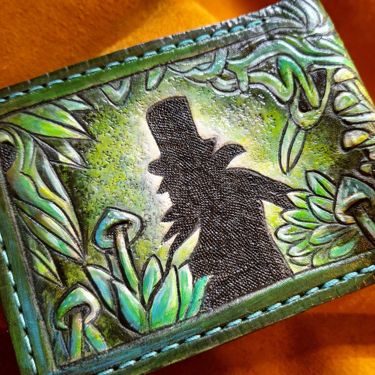 Green Crow Skull - Leather Bifold Wallet - Handcrafted Skull Wallet -