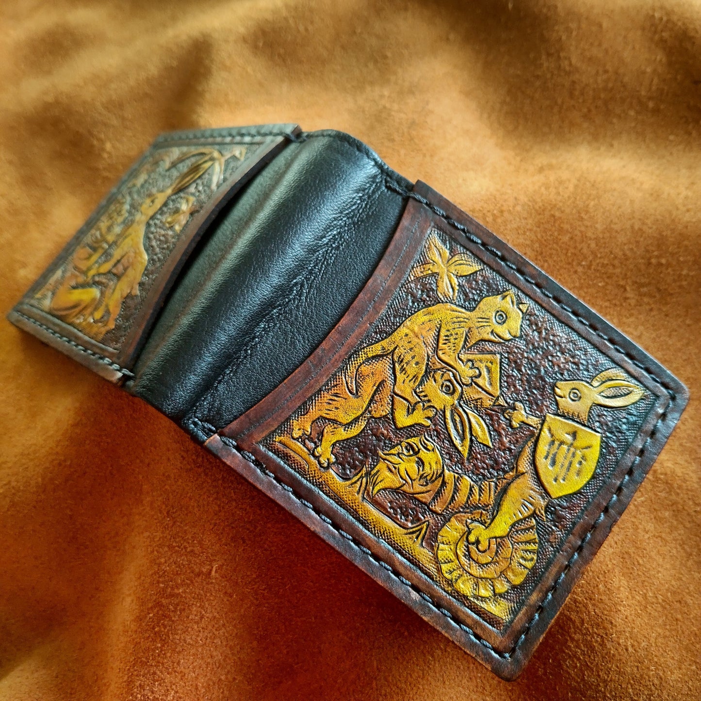 Marginalia medieval rabbit jousting - leather wallet- Dark Brown and ivory colour - Leather Bifold Wallet - Handcrafted