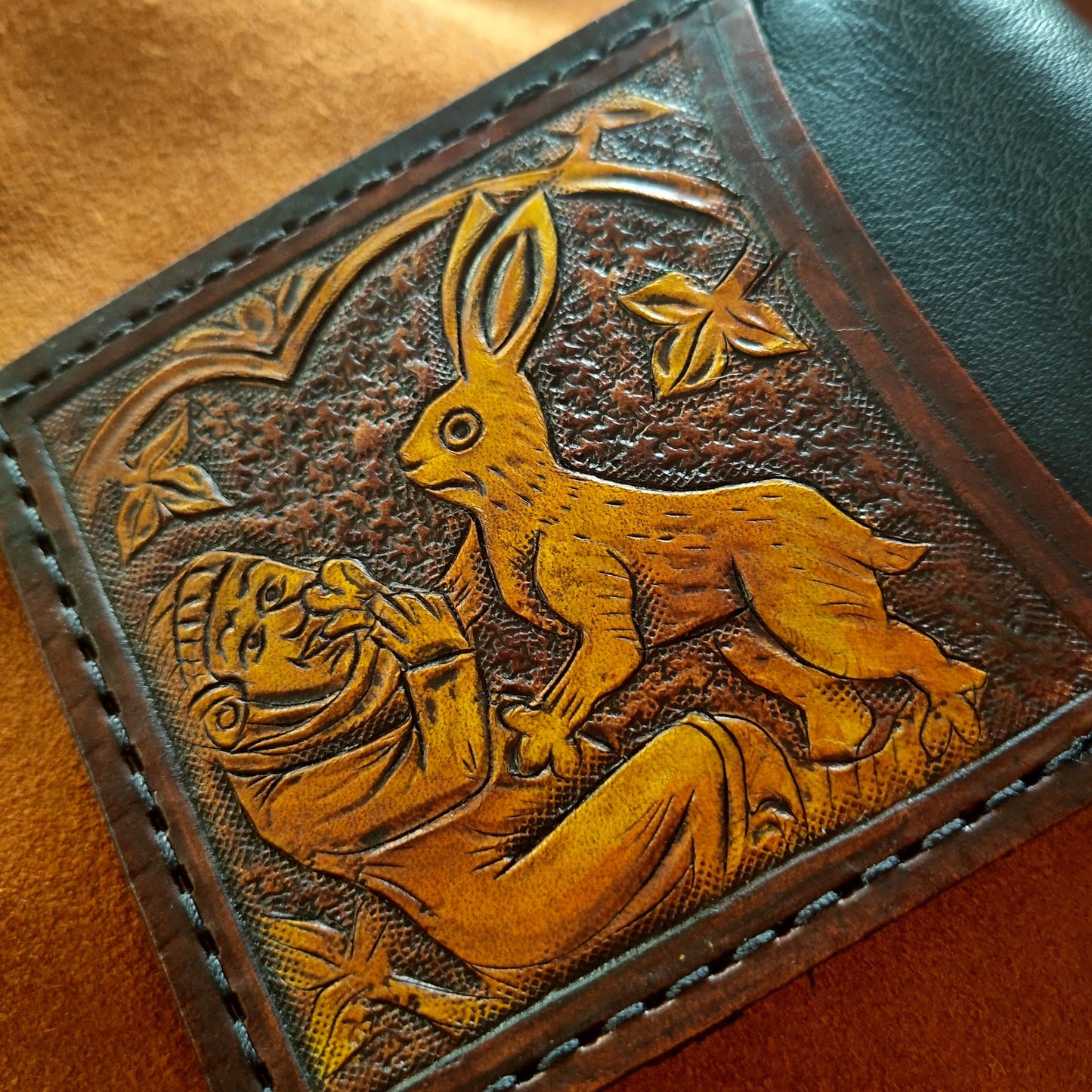 Marginalia medieval rabbit jousting - leather wallet- Dark Brown and ivory colour - Leather Bifold Wallet - Handcrafted