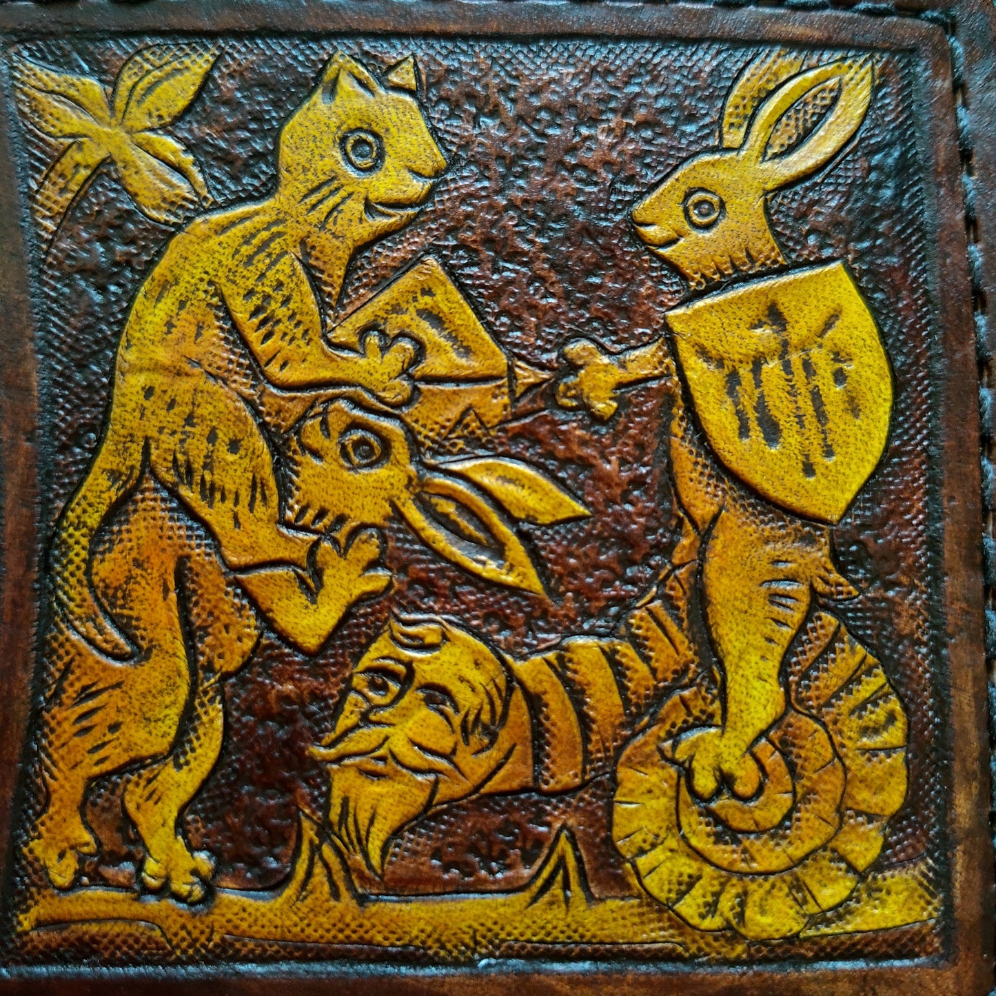 Marginalia medieval rabbit jousting - leather wallet- Dark Brown and ivory colour - Leather Bifold Wallet - Handcrafted