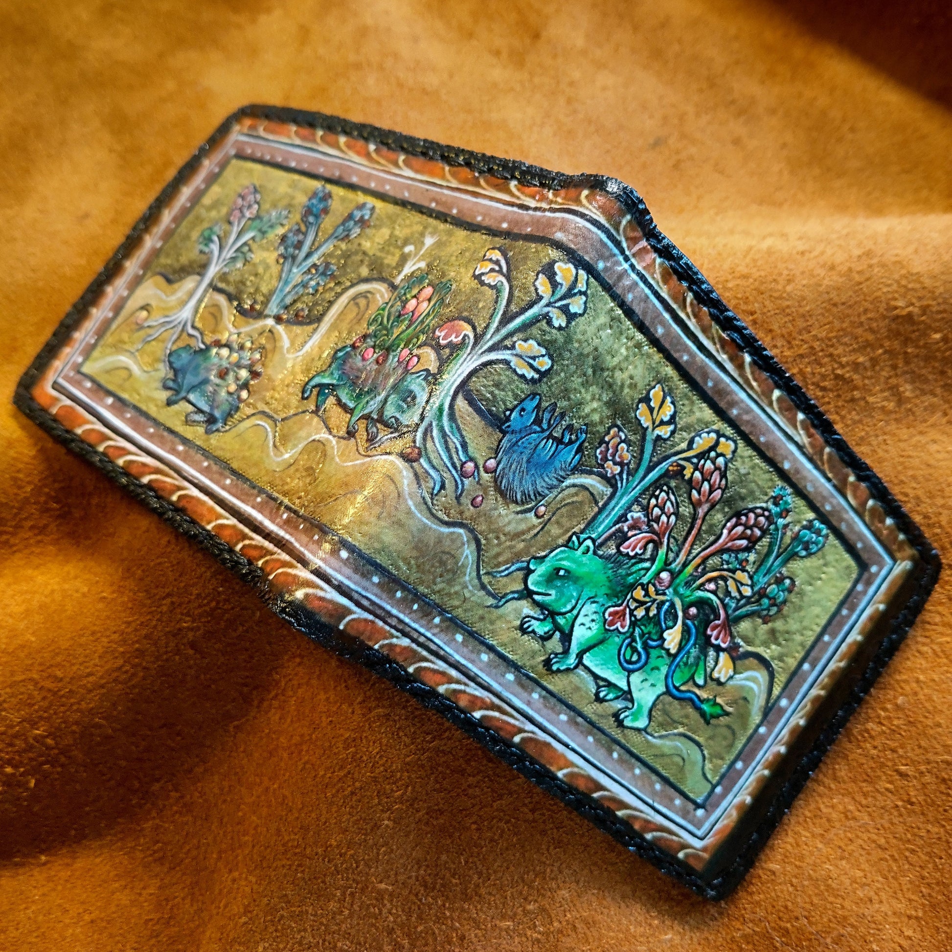 Medieval manuscript pokealchemy -3D textured surface - Hand stamped -Bulbasaur transmutations-evolutions - Leather Wallet - Handcrafted