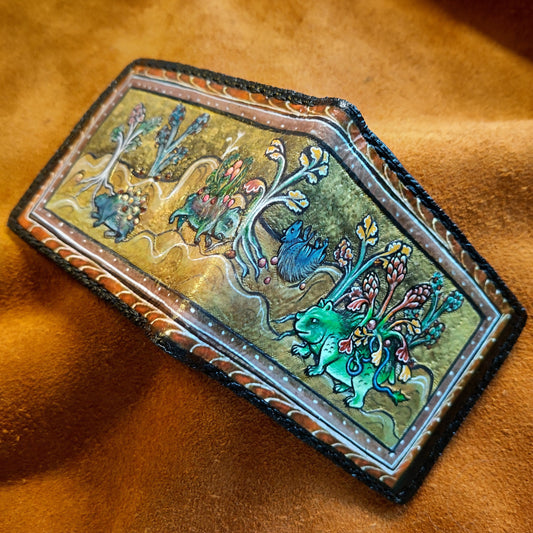 Medieval manuscript pokealchemy -3D textured surface - Hand stamped -Bulbasaur transmutations-evolutions - Leather Wallet - Handcrafted