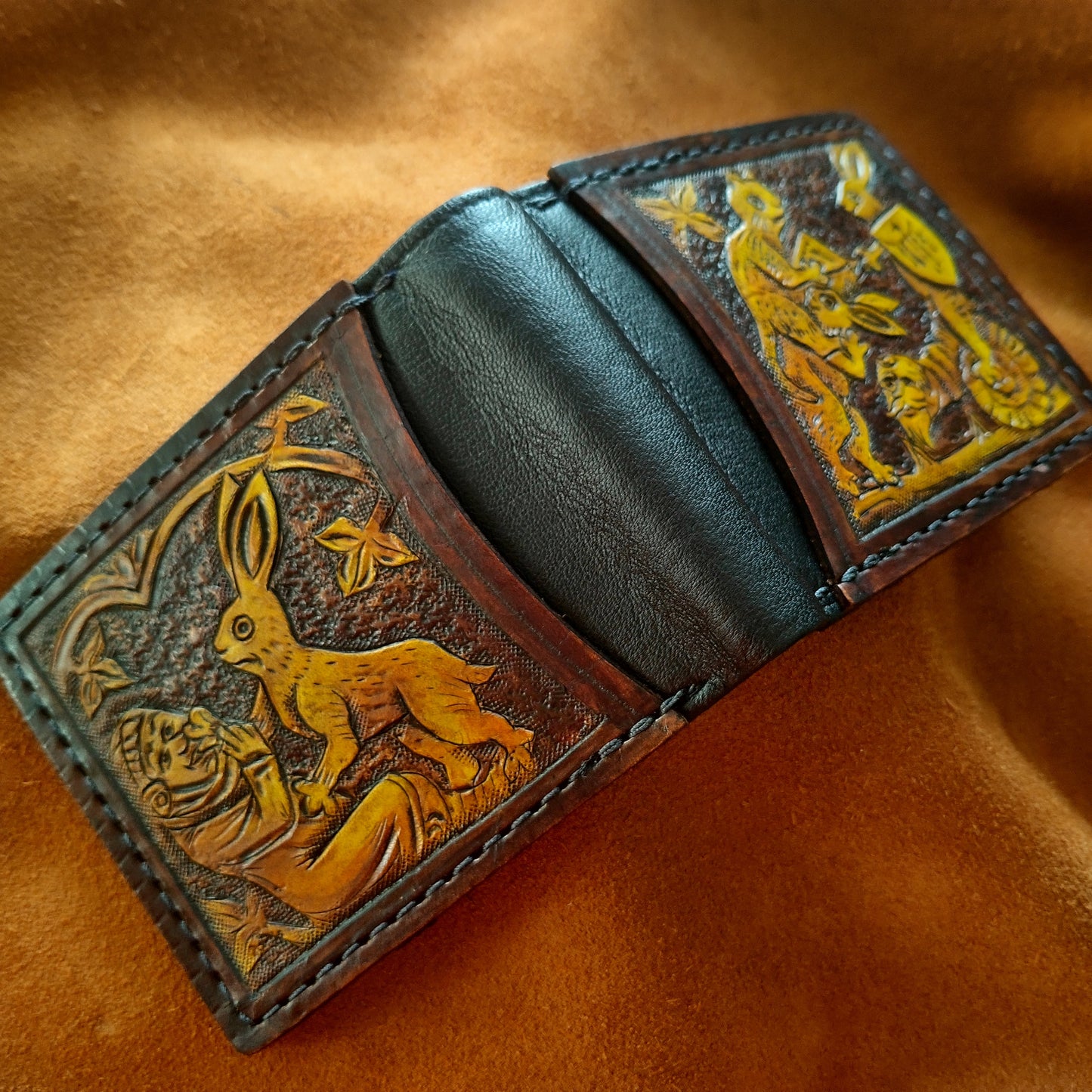 Marginalia medieval rabbit jousting - leather wallet- Dark Brown and ivory colour - Leather Bifold Wallet - Handcrafted