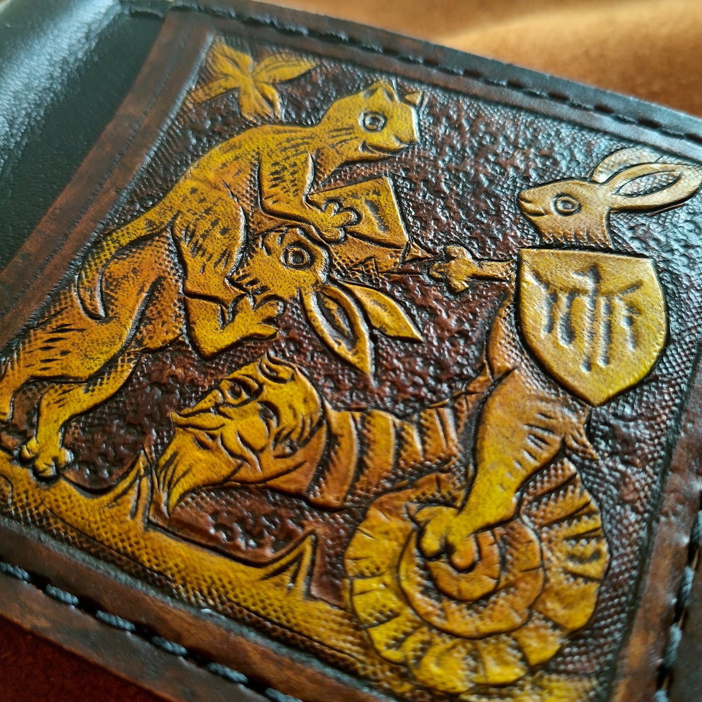 Marginalia medieval rabbit jousting - leather wallet- Dark Brown and ivory colour - Leather Bifold Wallet - Handcrafted