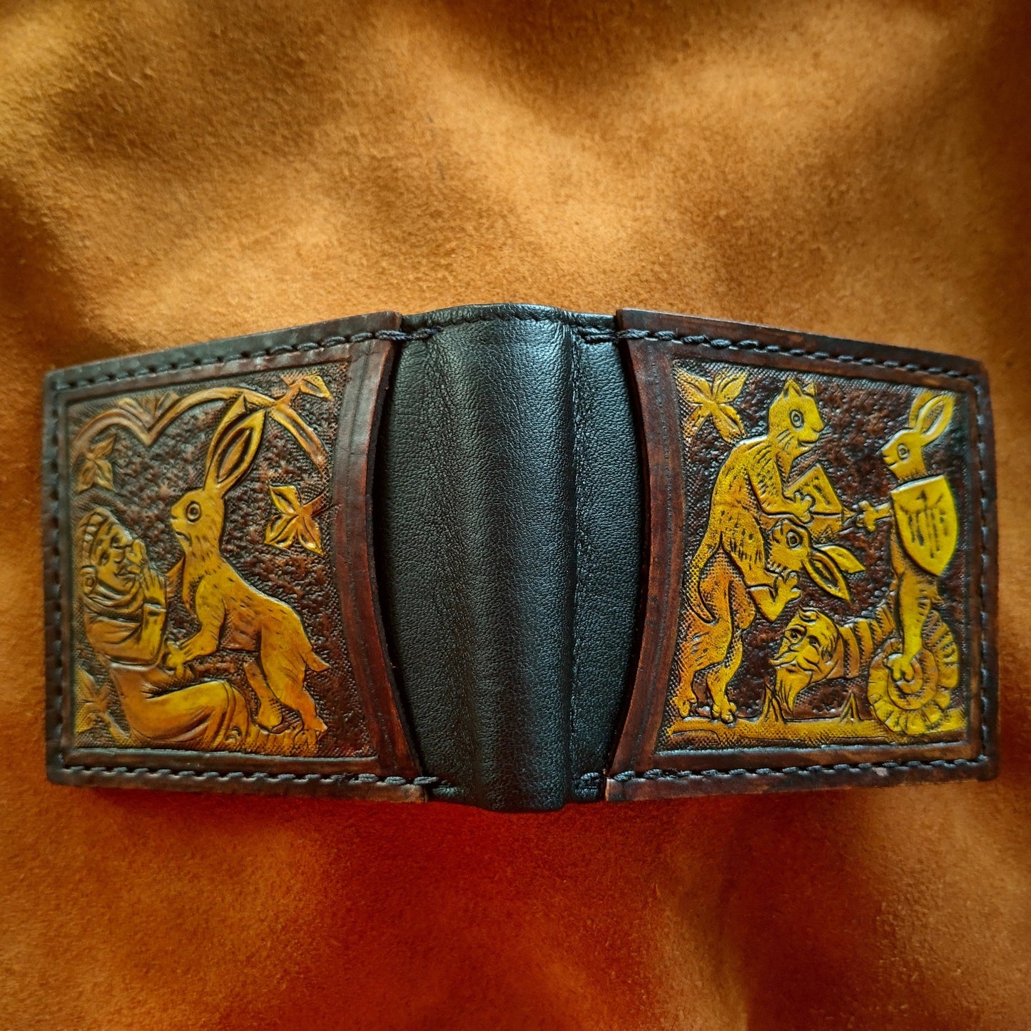 Marginalia medieval rabbit jousting - leather wallet- Dark Brown and ivory colour - Leather Bifold Wallet - Handcrafted