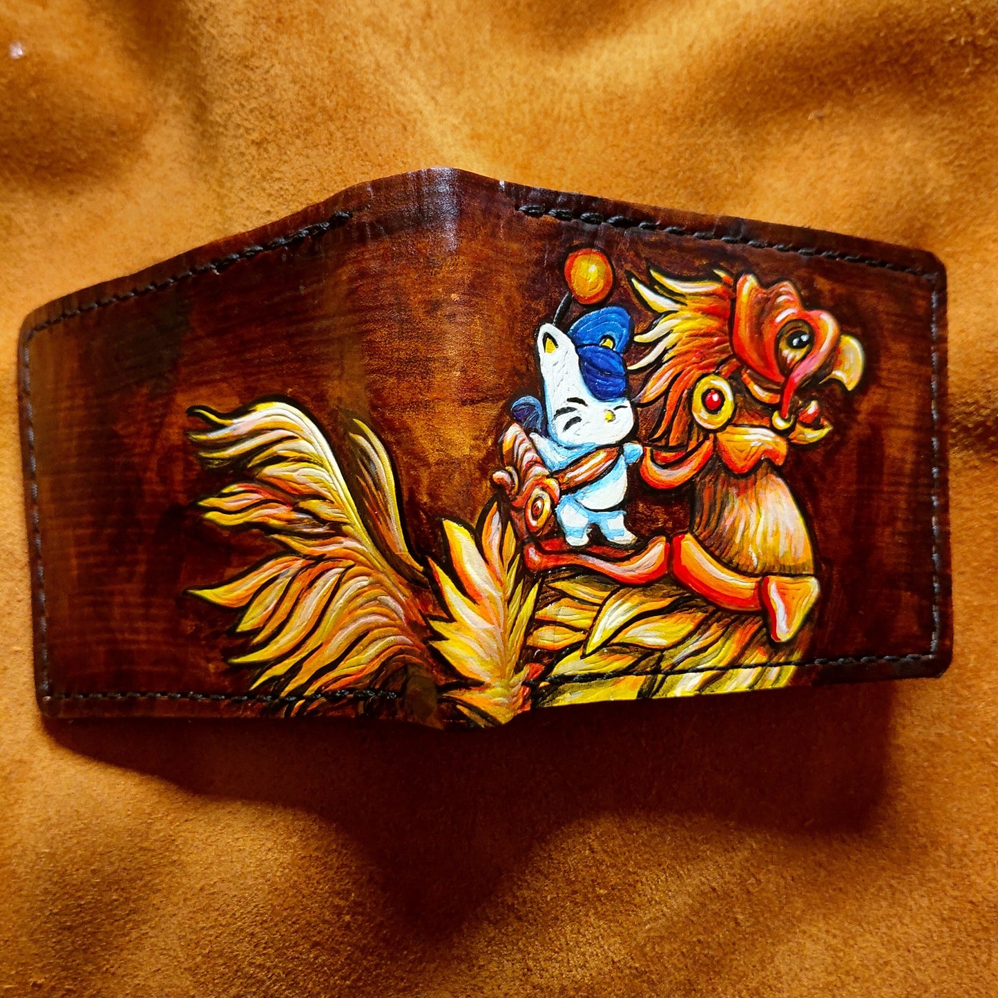 FF14 Gold Chocobo and moogle Rider - dark brown Leather Bifold Wallet - Handcrafted Final Fantasy 14 inspired Wallet -