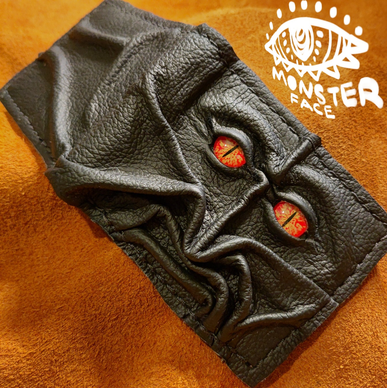 Devilish Monster Face wallet - amber eyes - Necromonicon - Oz - demon eyes - Leather wallet.