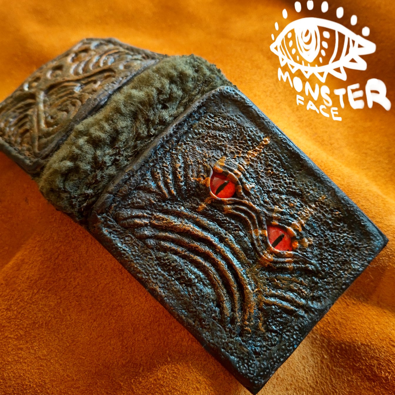 Monster face - Green Troll Fur wallet- Necromonicon - Oz - demon eyes - wallet.