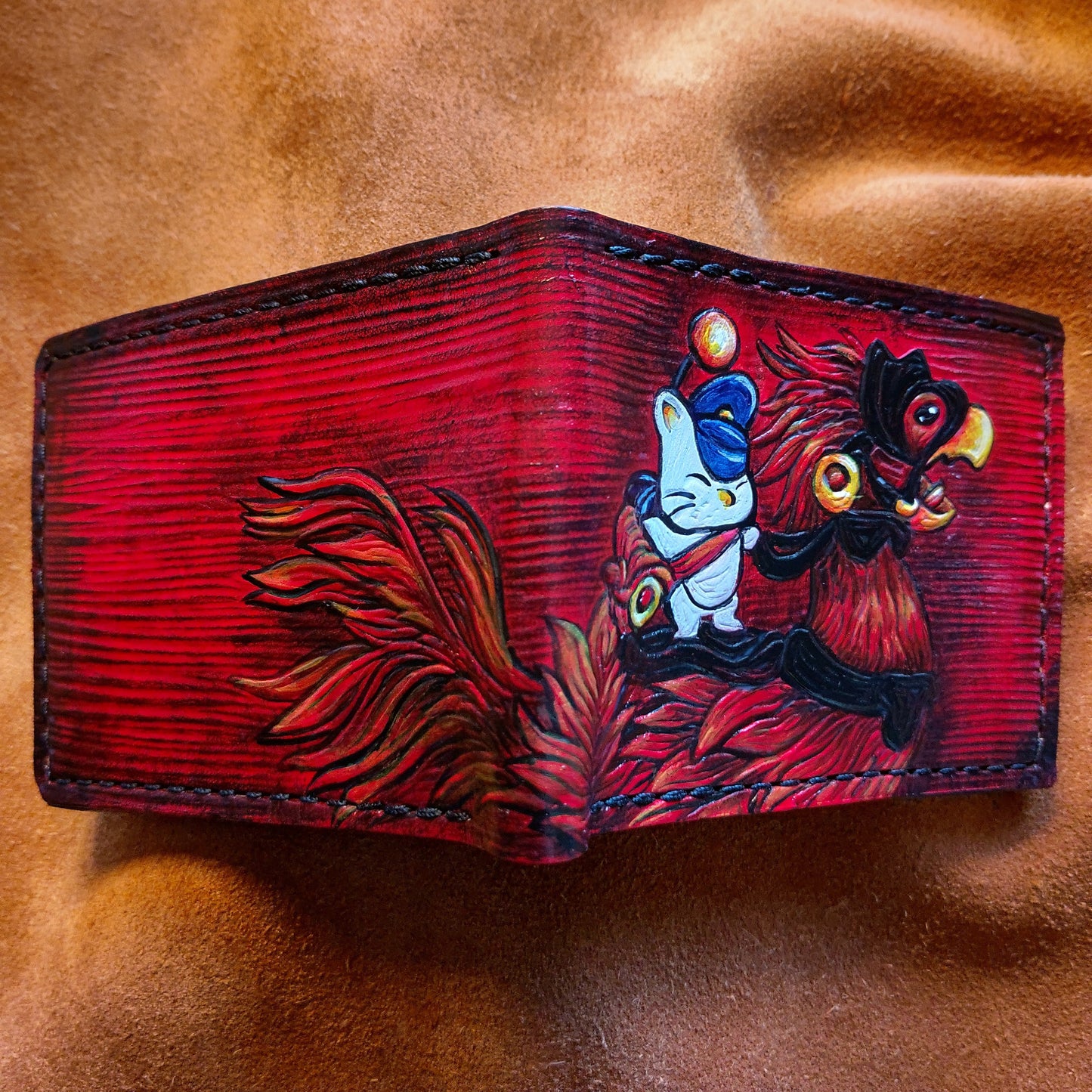 FF14 Red Chocobo and moogle Rider - dark brown Leather Bifold Wallet - Handcrafted Final Fantasy 14 inspired Wallet -