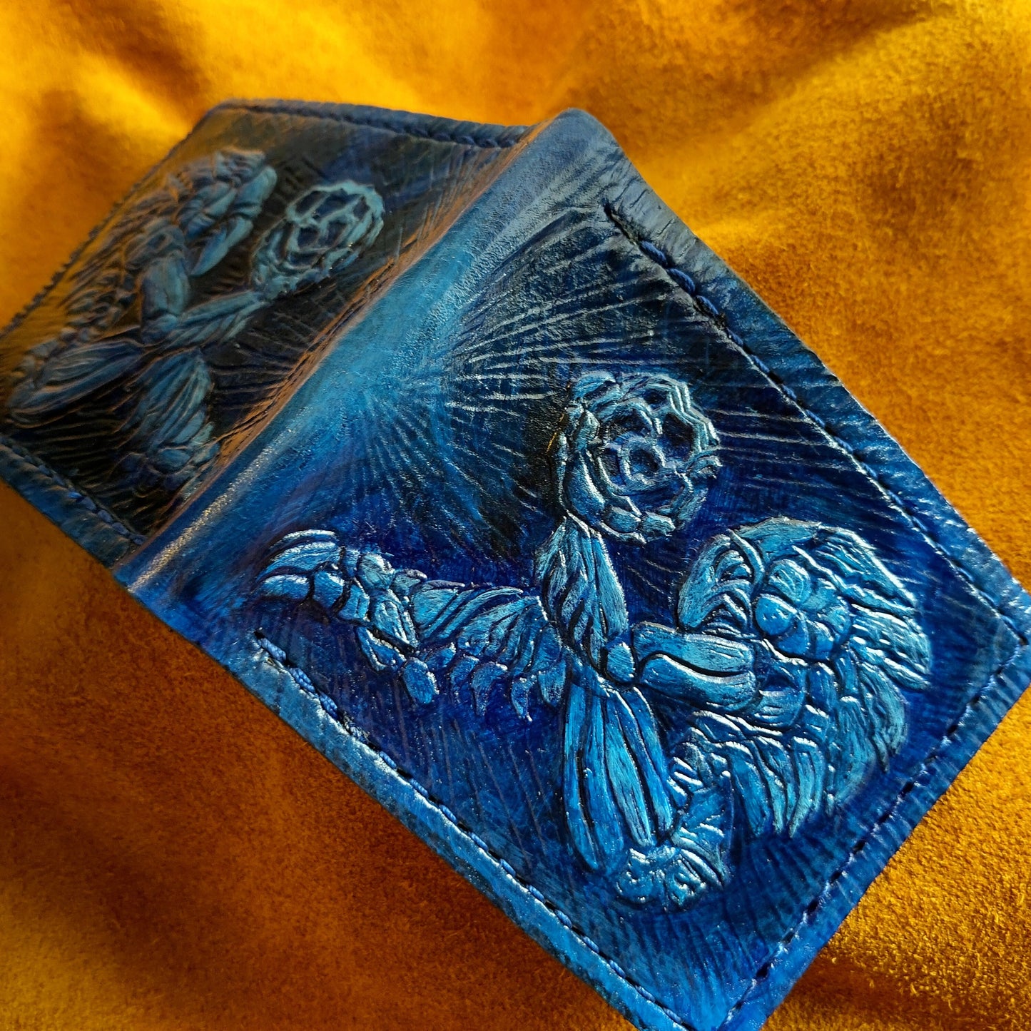 Ancient Chozo - blue- Leather Bifold Wallet - Handcrafted Wallet -