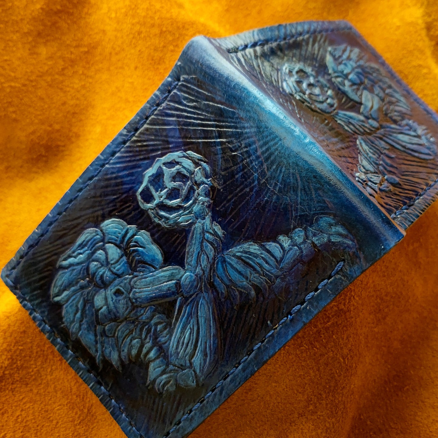 Ancient Chozo - blue- Leather Bifold Wallet - Handcrafted Wallet -