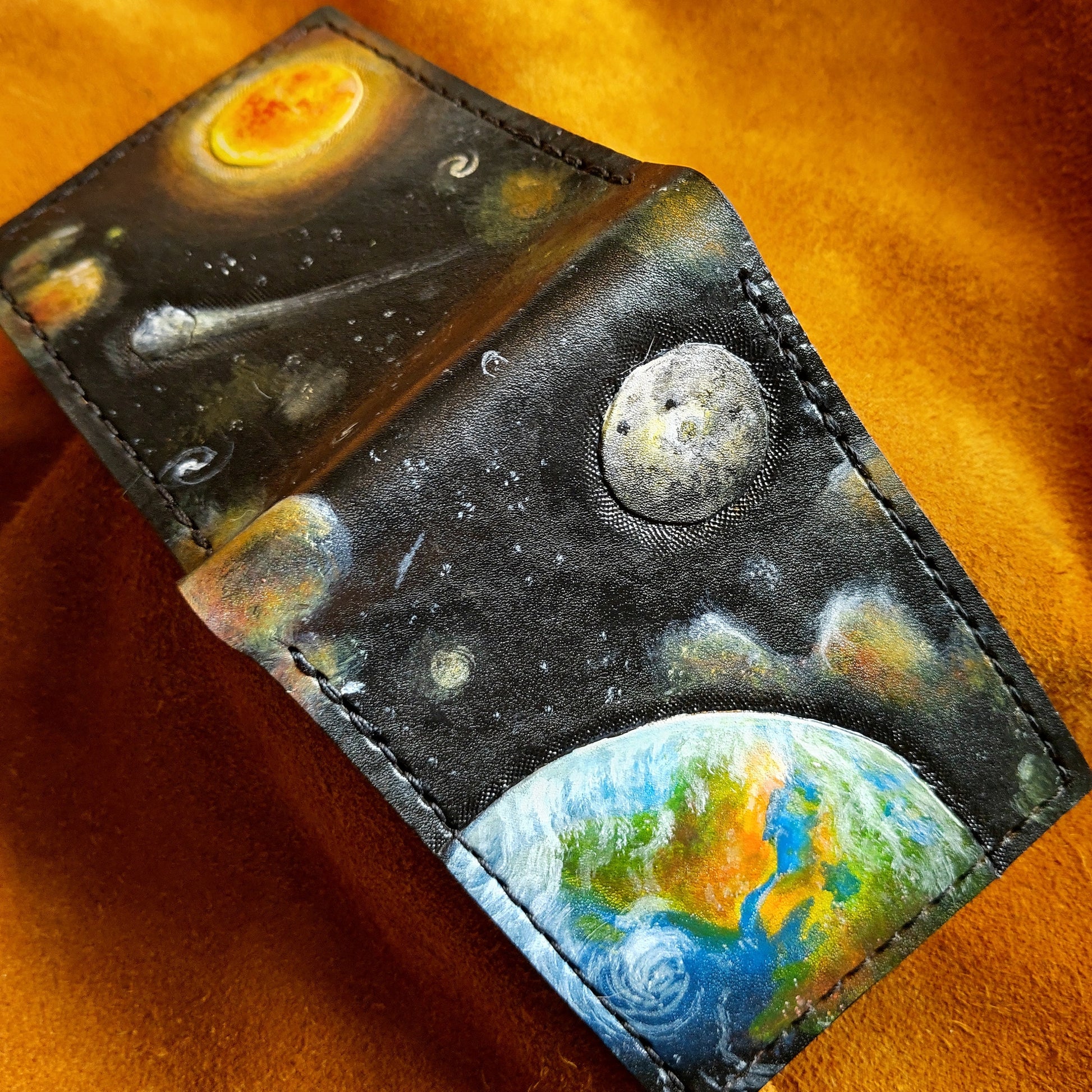 Outer Space - Earth - Sun - Moon -Leather Bifold Wallet - Handcrafted Wallet -