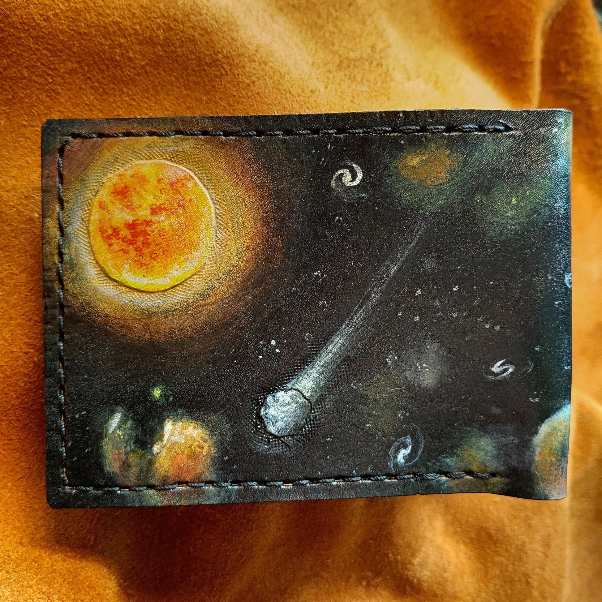 Outer Space - Earth - Sun - Moon -Leather Bifold Wallet - Handcrafted Wallet -