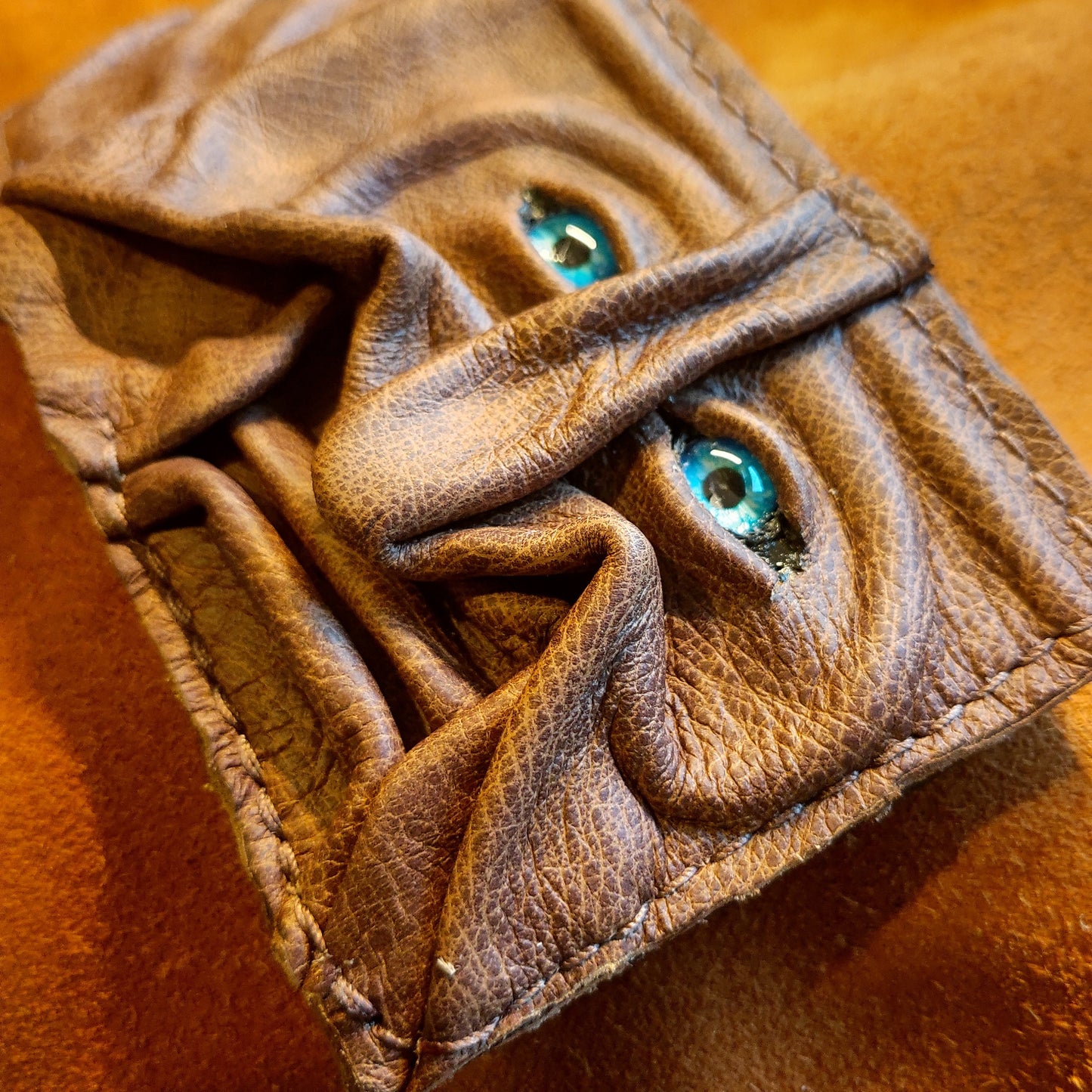 Monster face - crackled brown version - Necromonicon - Oz - demon eyes - monster face - Leather wallet.