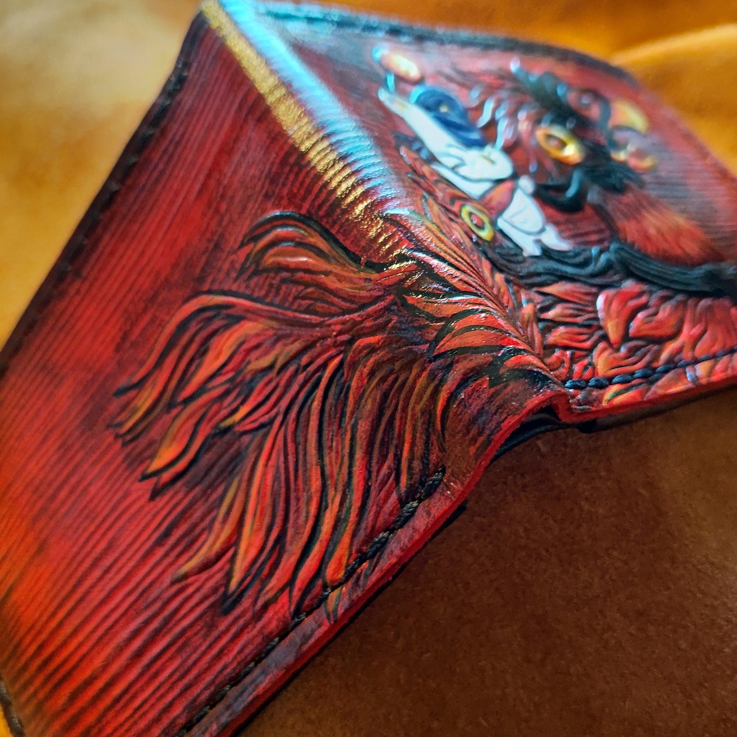 FF14 Red Chocobo and moogle Rider - dark brown Leather Bifold Wallet - Handcrafted Final Fantasy 14 inspired Wallet -