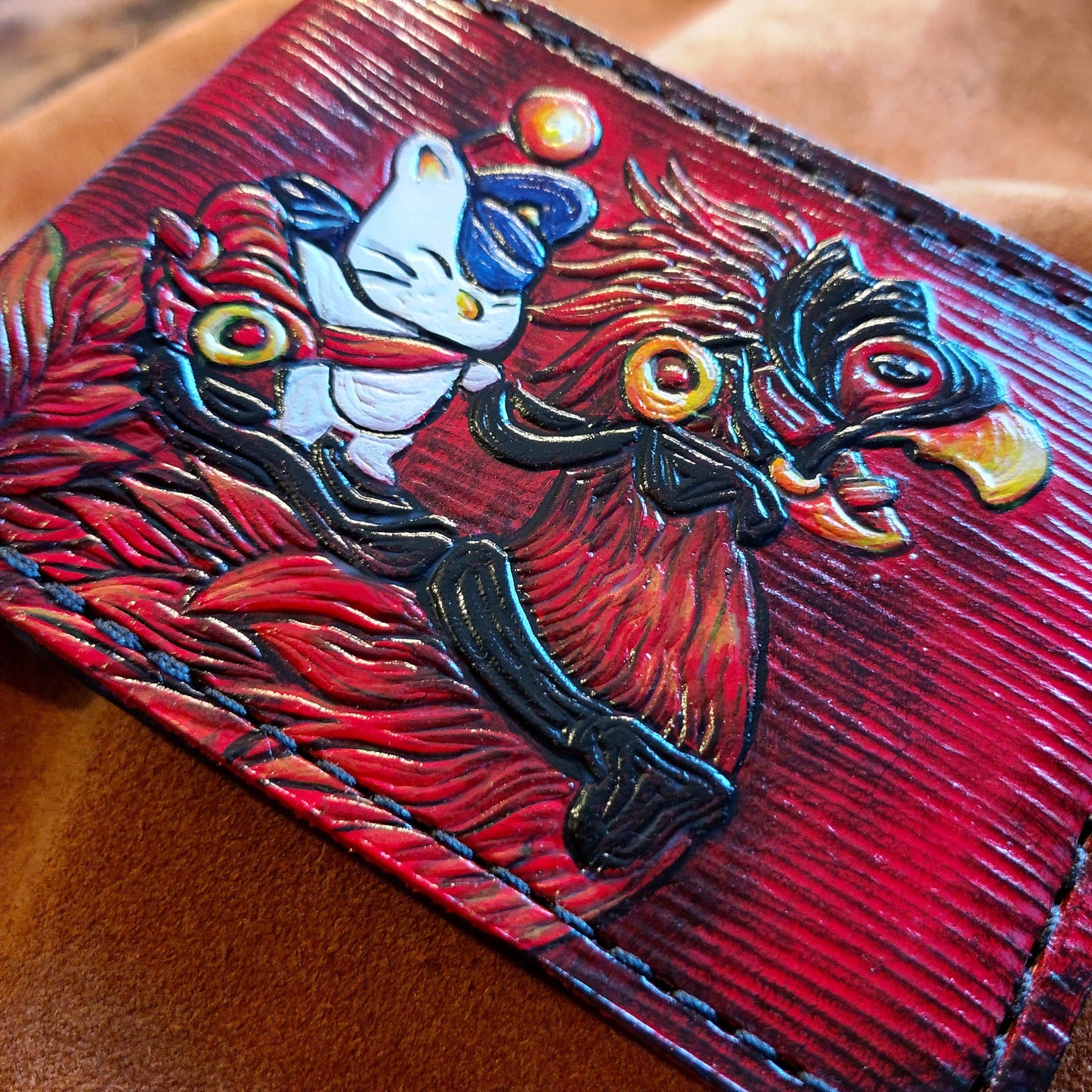 FF14 Red Chocobo and moogle Rider - dark brown Leather Bifold Wallet - Handcrafted Final Fantasy 14 inspired Wallet -