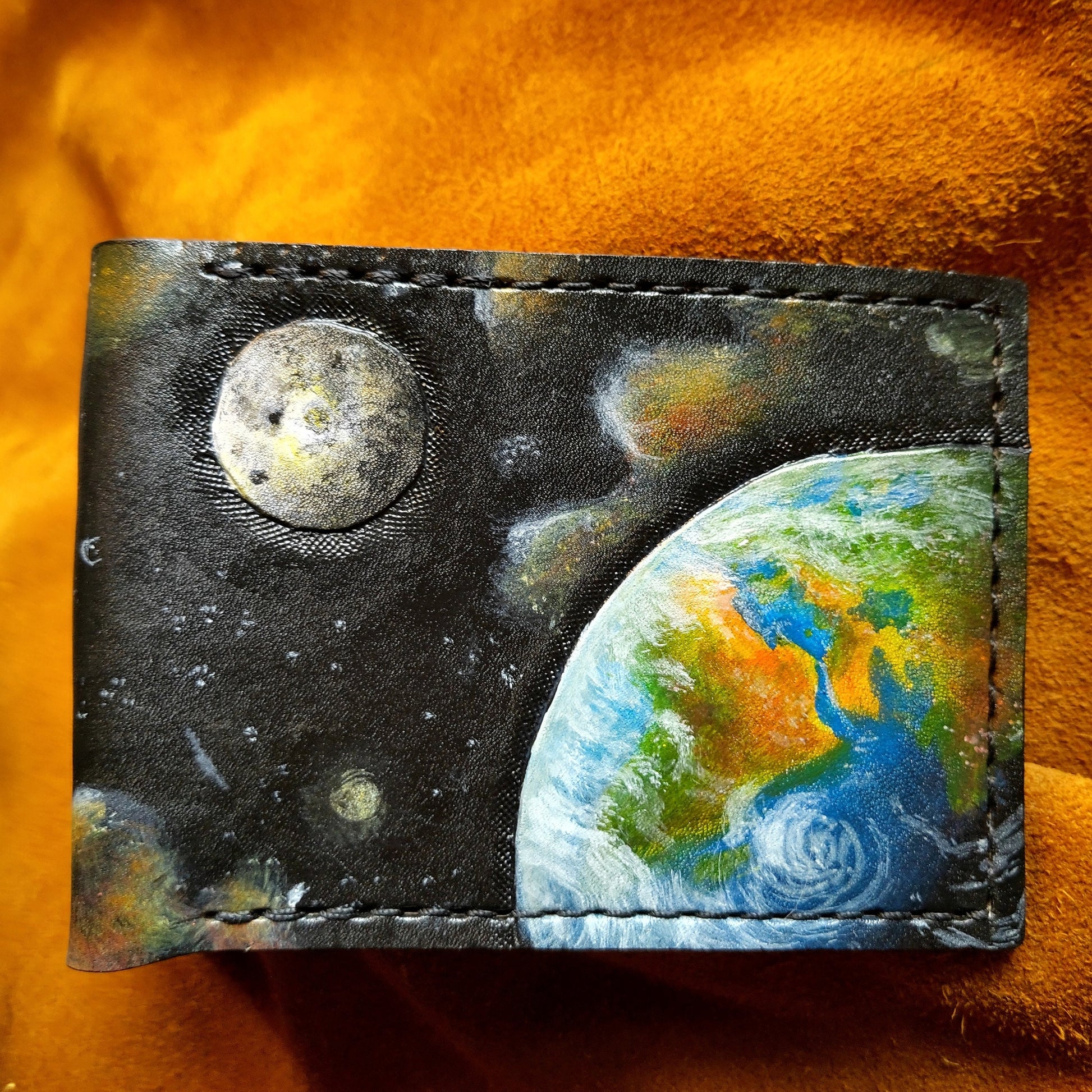Outer Space - Earth - Sun - Moon -Leather Bifold Wallet - Handcrafted Wallet -