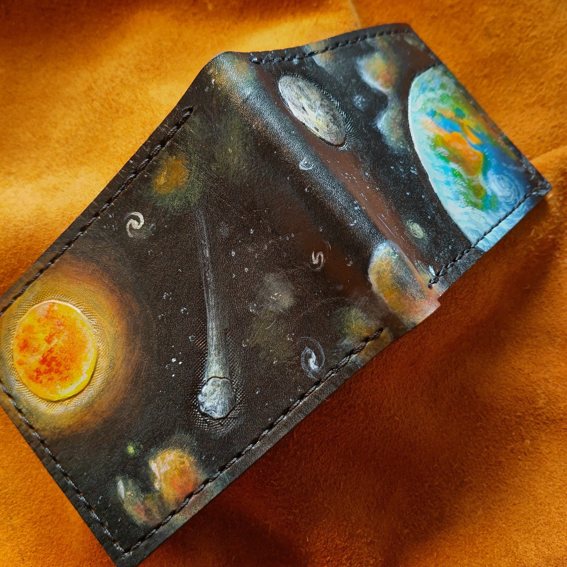 Outer Space - Earth - Sun - Moon -Leather Bifold Wallet - Handcrafted Wallet -