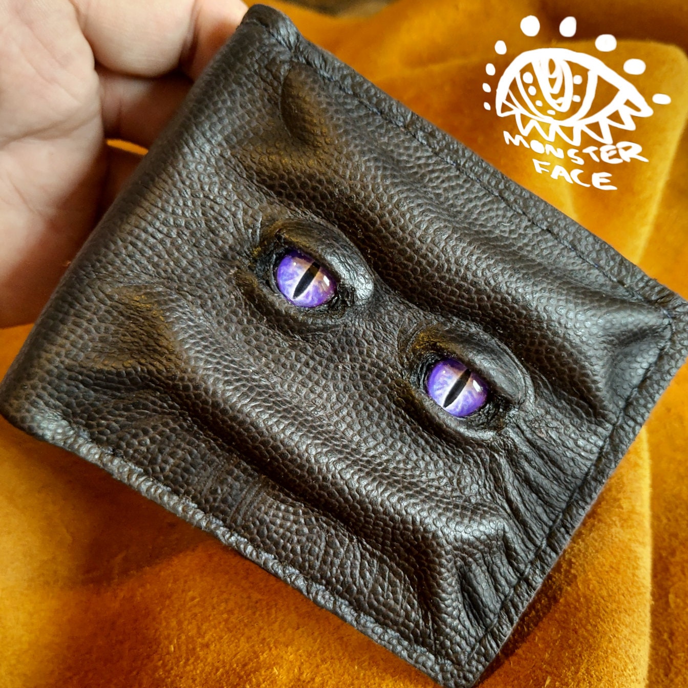 Set of two Purple eyes Grumpy and Happy Schmuggle face leather wallet - Necromonicon - demon eyes - Leather wallet.