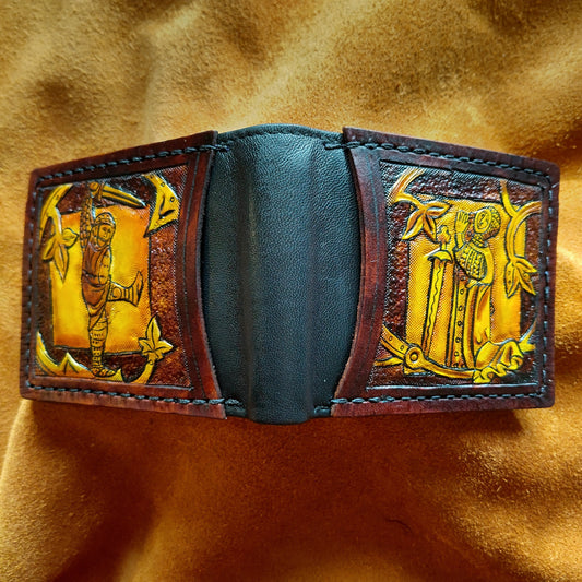Marginalia medieval knights - leather wallet- Dark Brown and ivory colour - Leather Bifold Wallet - Handcrafted