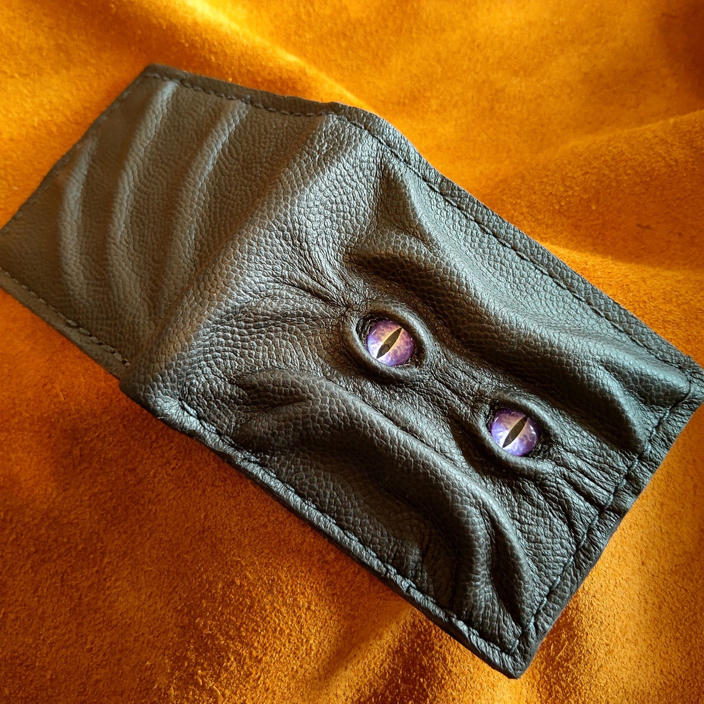 Purple eyes Grumpy Schmuggle face leather wallet - Necromonicon - demon eyes - Leather wallet.