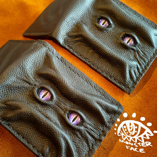Set of two Purple eyes Grumpy and Happy Schmuggle face leather wallet - Necromonicon - demon eyes - Leather wallet.