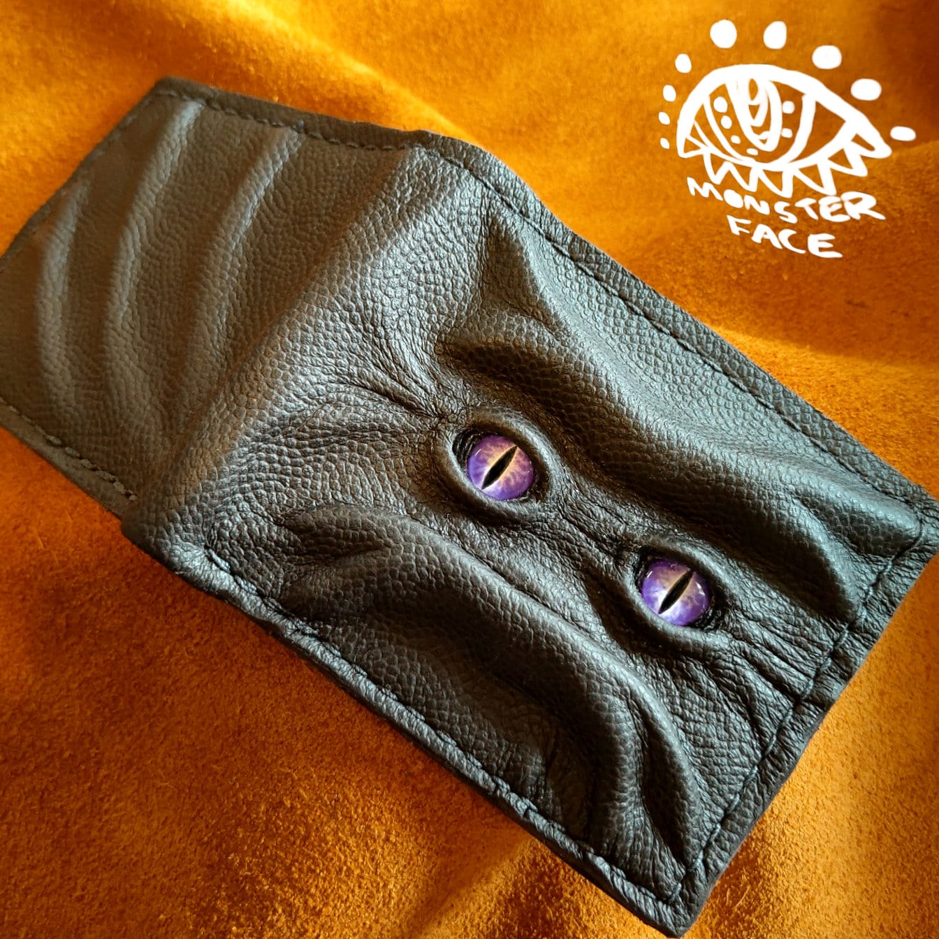 Set of two Purple eyes Grumpy and Happy Schmuggle face leather wallet - Necromonicon - demon eyes - Leather wallet.