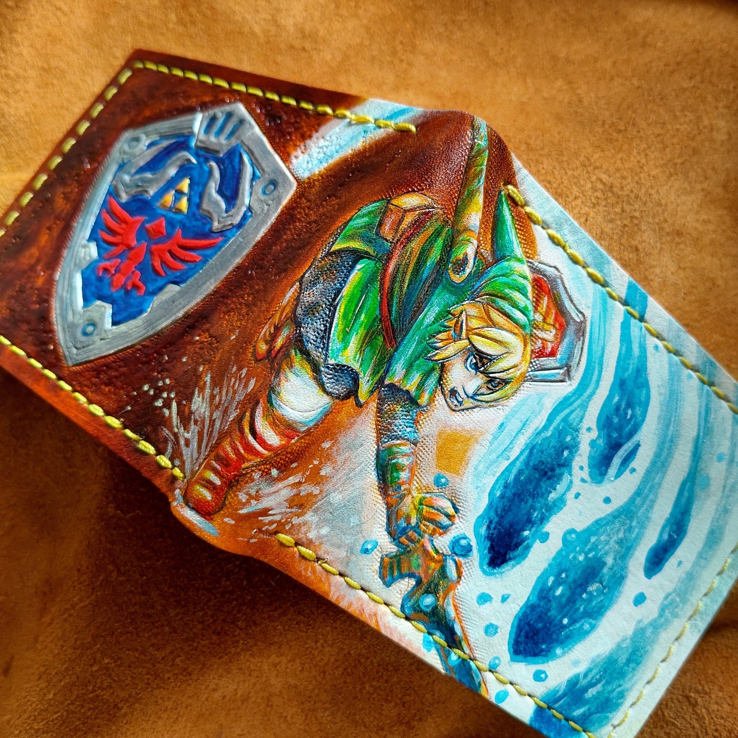Powered up Sword Hyrule shield leather wallet- Leather Bifold Wallet - Handcrafted Legend of Zelda Wallet - Link Wallet