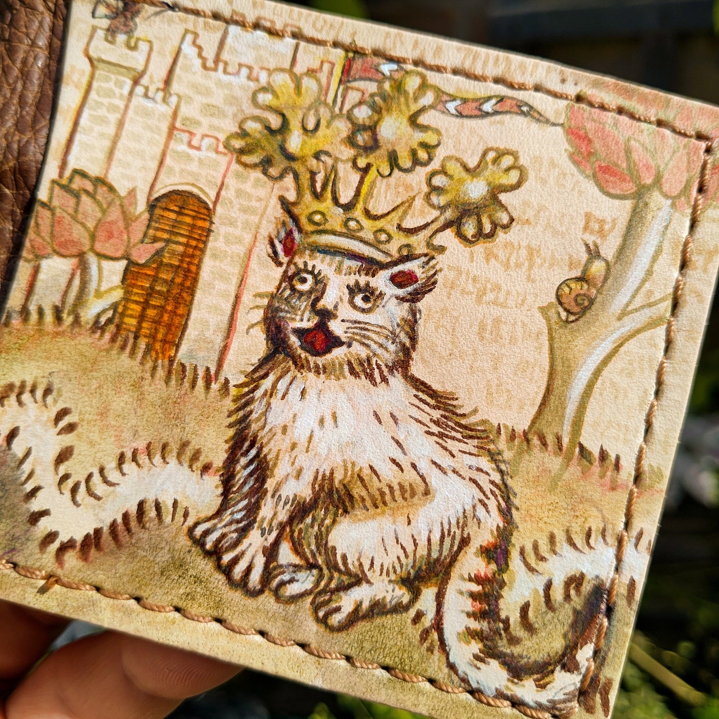 Song of the Cat King - Marginalia medieval - leather wallet- Dark Brown and ivory colour - Leather Bifold Wallet - Handcrafted