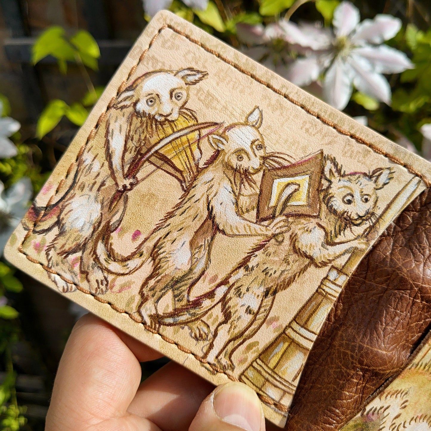 Song of the Cat King - Marginalia medieval - leather wallet- Dark Brown and ivory colour - Leather Bifold Wallet - Handcrafted