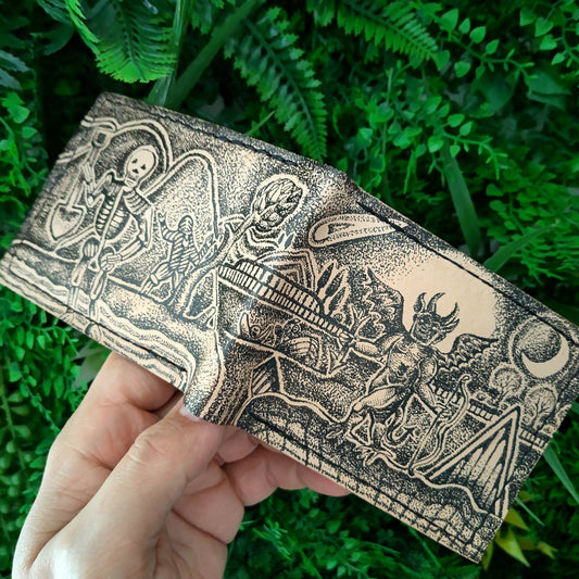 Halloween Devil and Skeleton - leather wallet- medieval - Leather Bifold Wallet - Handcrafted