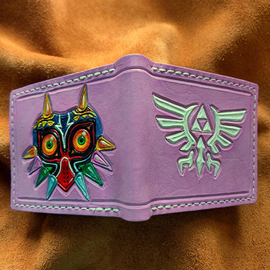 Majoras mask Hyrule Lavander leather wallet- Bifold Wallet - Handcrafted Legend of Zelda Wallet -