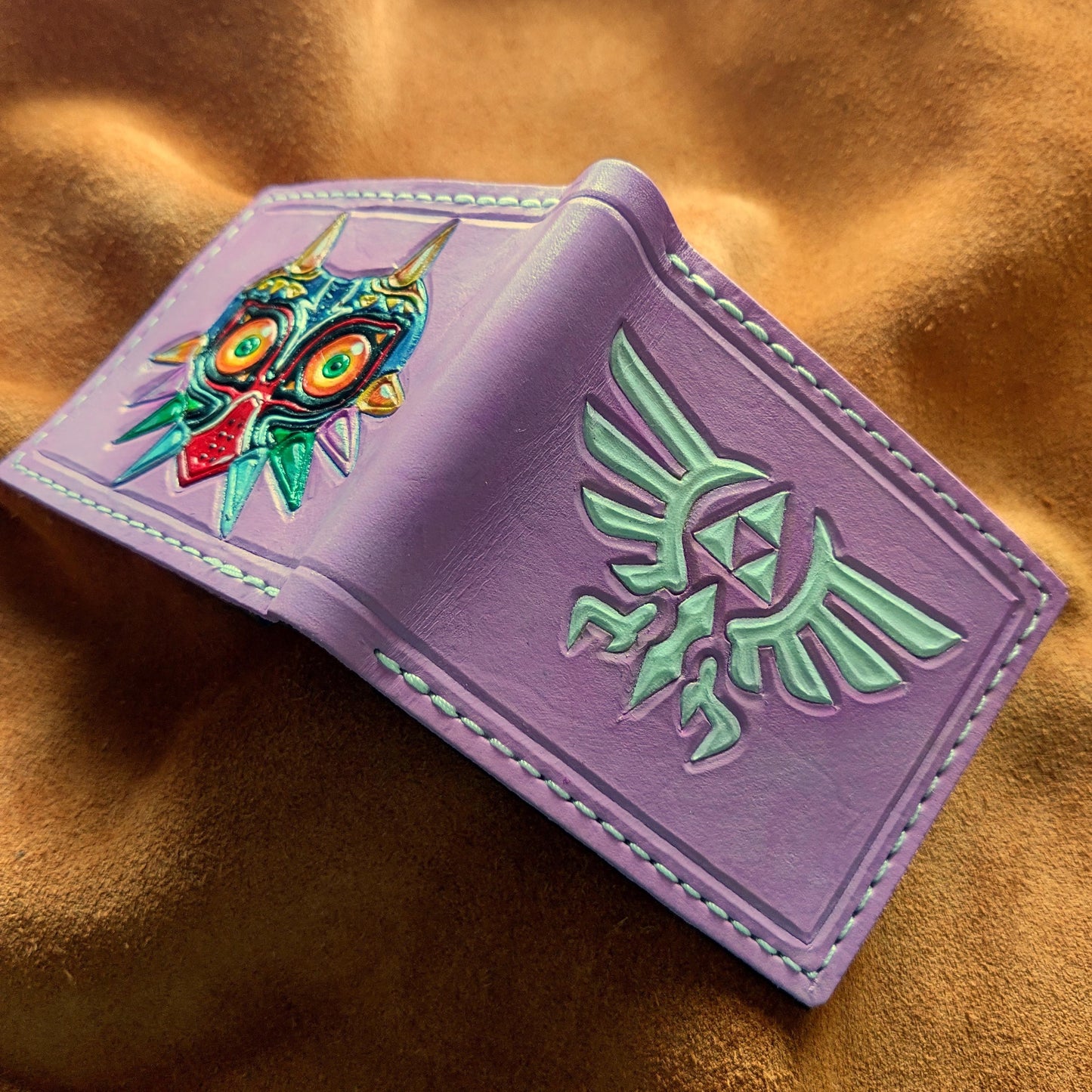 Majoras mask Hyrule Lavander leather wallet- Bifold Wallet - Handcrafted Legend of Zelda Wallet -