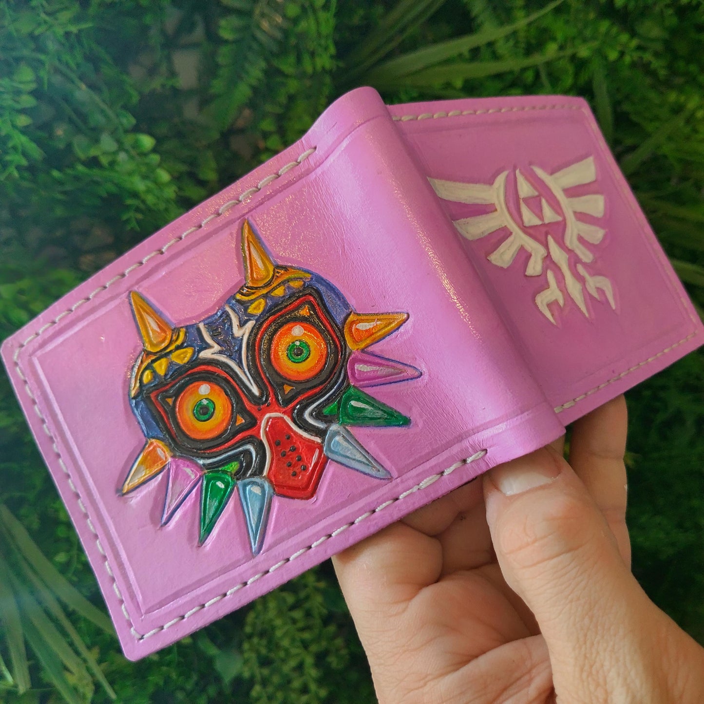 Majoras mask Hyrule Lavander leather wallet- Bifold Wallet - Handcrafted Legend of Zelda Wallet -
