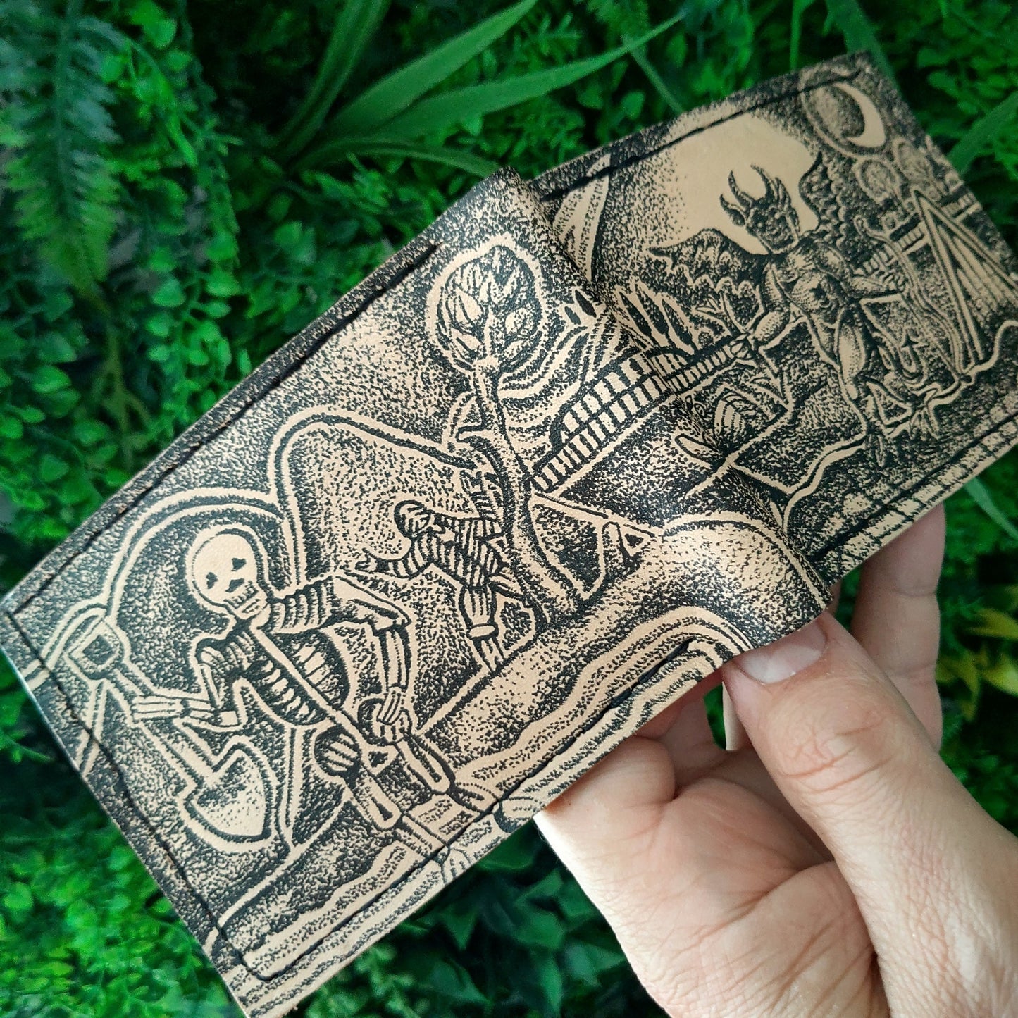 Halloween Devil and Skeleton - leather wallet- medieval - Leather Bifold Wallet - Handcrafted