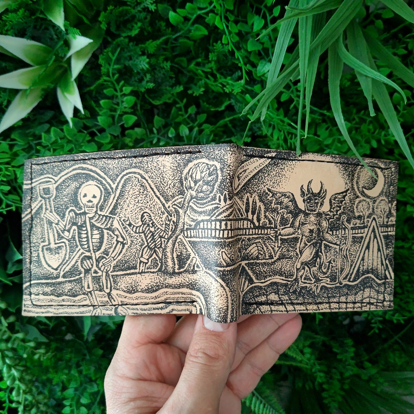Halloween Devil and Skeleton - leather wallet- medieval - Leather Bifold Wallet - Handcrafted